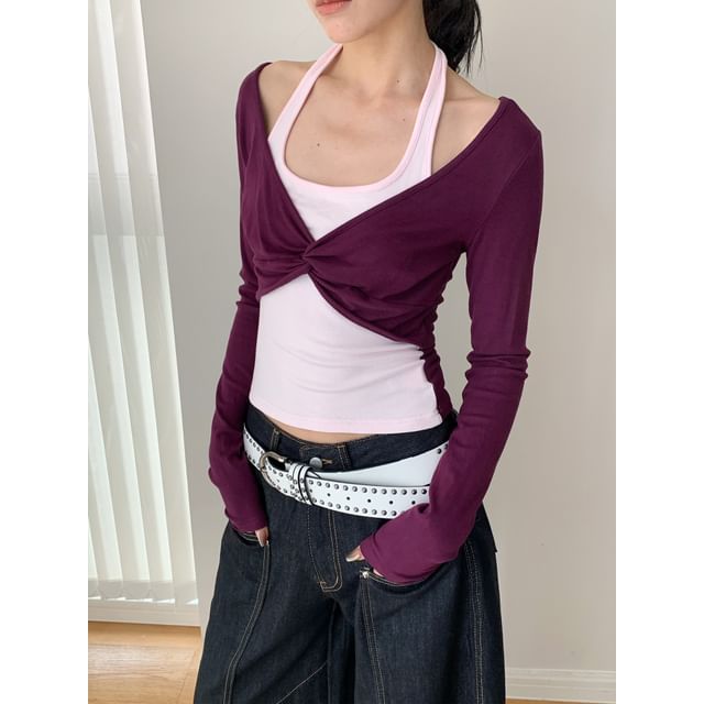 Two-Tone Long-Sleeve Crop Top with Mock Layer