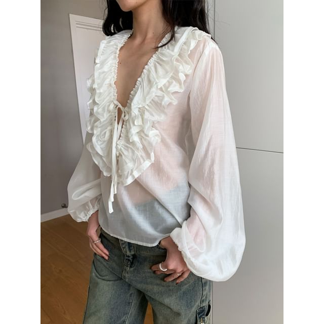 Plunging Lace Crop Top with Long Sleeves