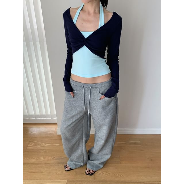 Two-Tone Long-Sleeve Crop Top with Mock Layer
