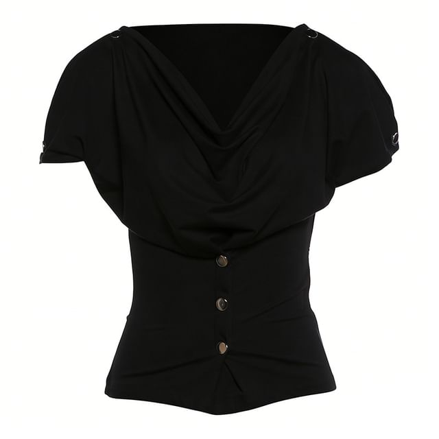 Buttoned Slim Cowl Neck Crop Top with Short Sleeves