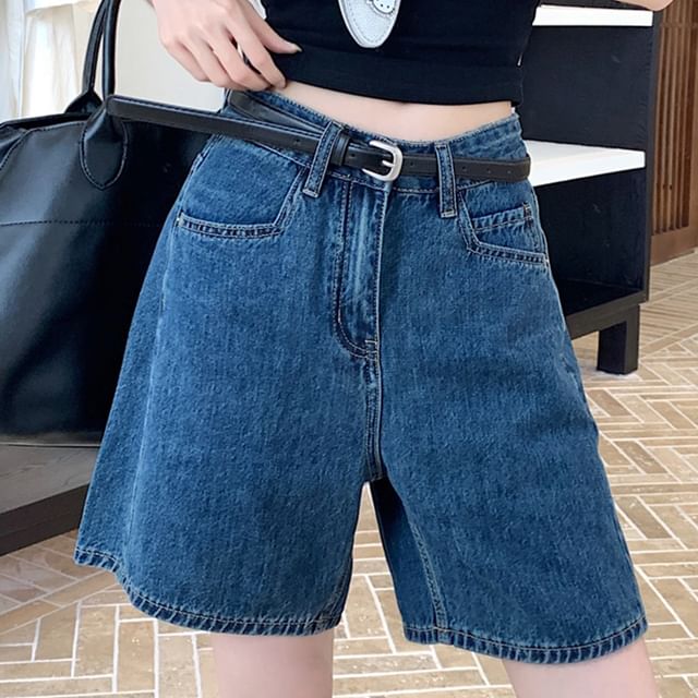 Mid Rise Washed Denim Wide Leg Shorts