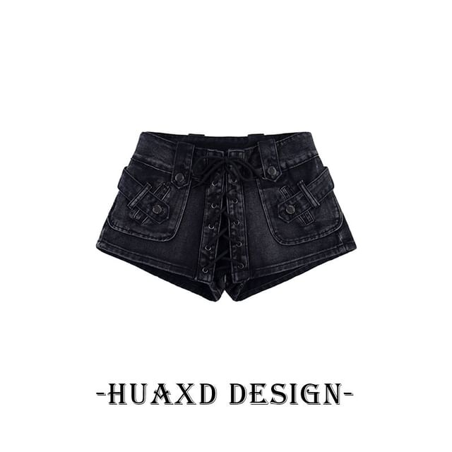 Mid Rise Washed Lace Up Denim Shorts