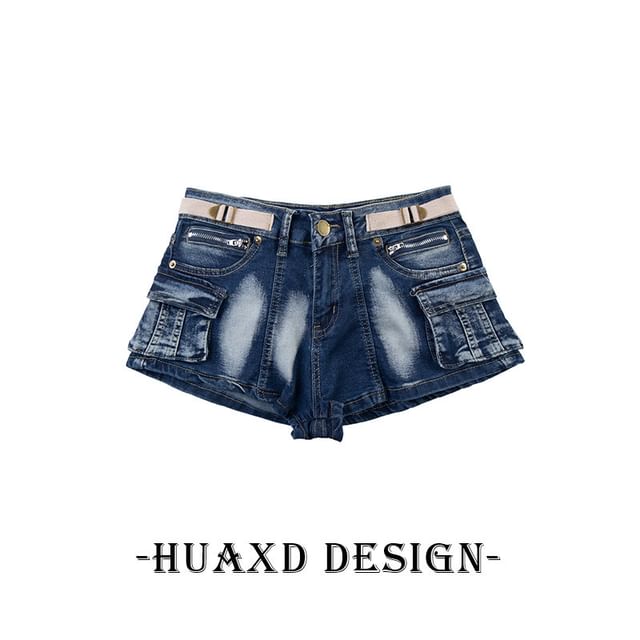 Mid Rise Washed Buckled Denim Cargo Hot Pants