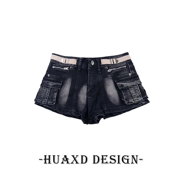Mid Rise Washed Buckled Denim Cargo Hot Pants