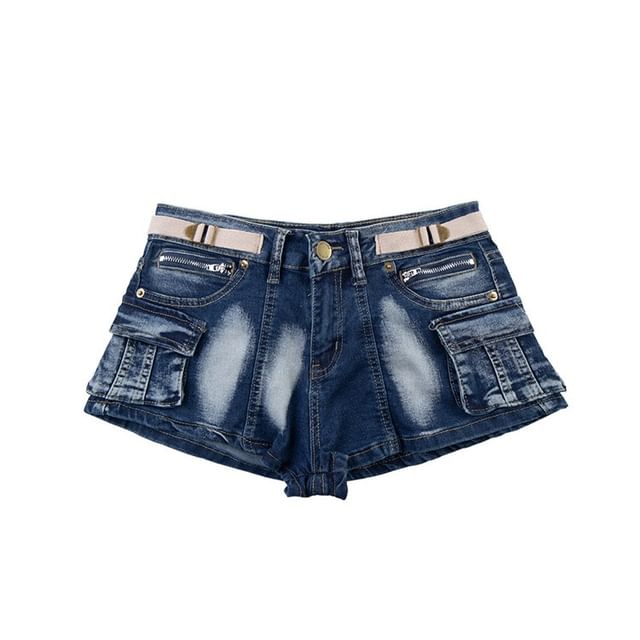 Mid Rise Washed Buckled Denim Cargo Hot Pants