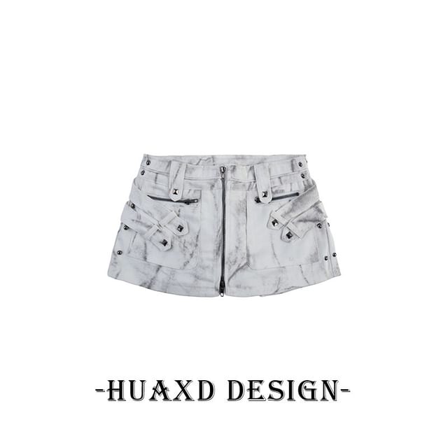 Mid Rise Tie Dye Studded Zip Mini Denim Skort