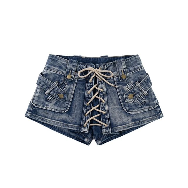 Mid Rise Washed Lace Up Denim Shorts