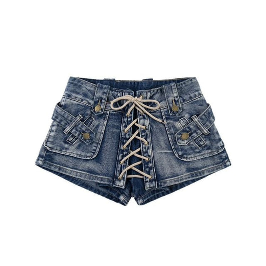 Mid Rise Washed Lace Up Denim Shorts