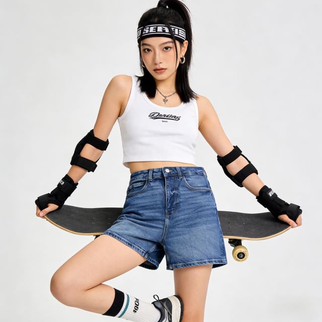 Mid Waist Washed Denim Shorts