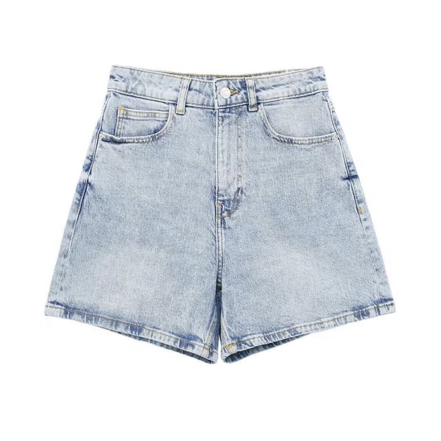 Mid Waist Washed Denim Shorts