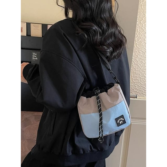 Color Panel Drawstring Bucket Bag