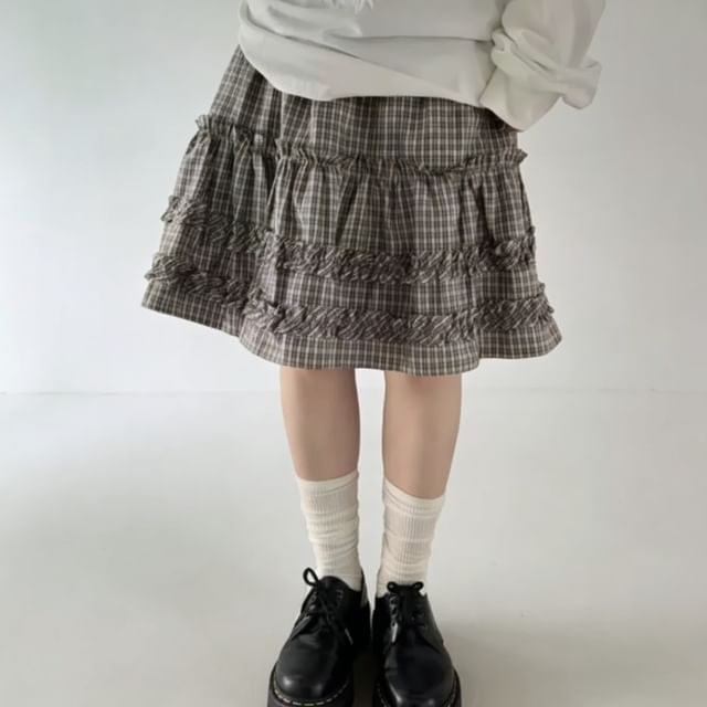 Mid-Waist Plaid A-Line Skirt