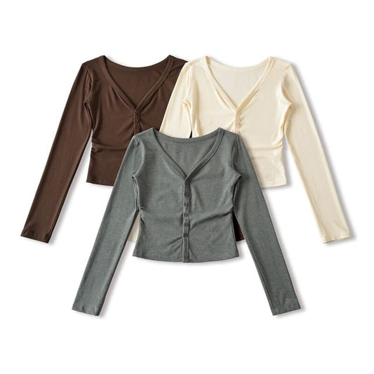 Button Up Crop Tee - Long Sleeve V-Neck