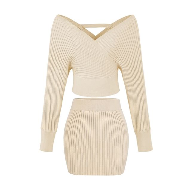 Off Shoulder Ribbed Knit Sweater and Mid Rise Knit Pencil Skirt Set