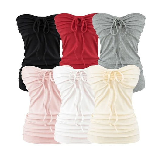 Drawstring Ruched Tube Top - Strapless