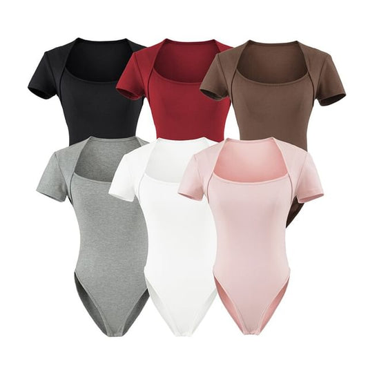 Square Neck Bodysuit Top - Short Sleeve