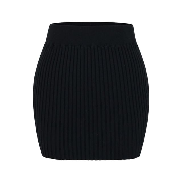 Off Shoulder Ribbed Knit Sweater and Mid Rise Knit Pencil Skirt Set