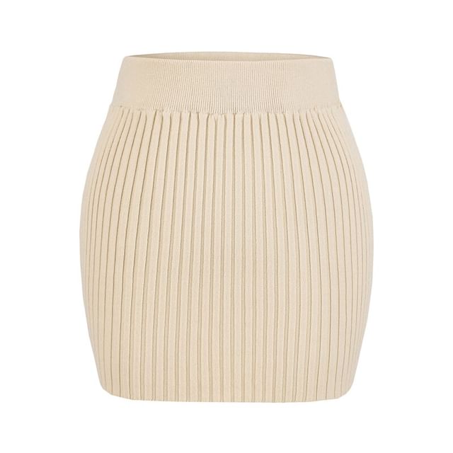 Off Shoulder Ribbed Knit Sweater and Mid Rise Knit Pencil Skirt Set