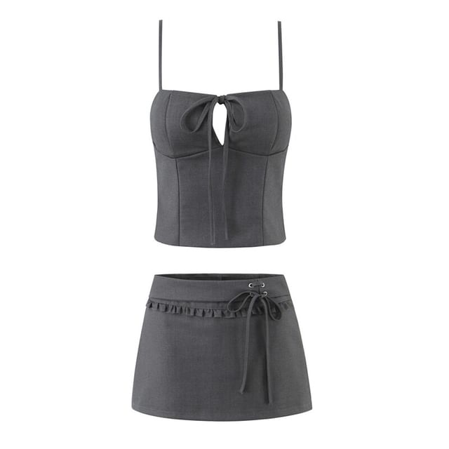 Keyhole Cutout Camisole Top and Ruffle Trim Mini A-Line Skirt Set