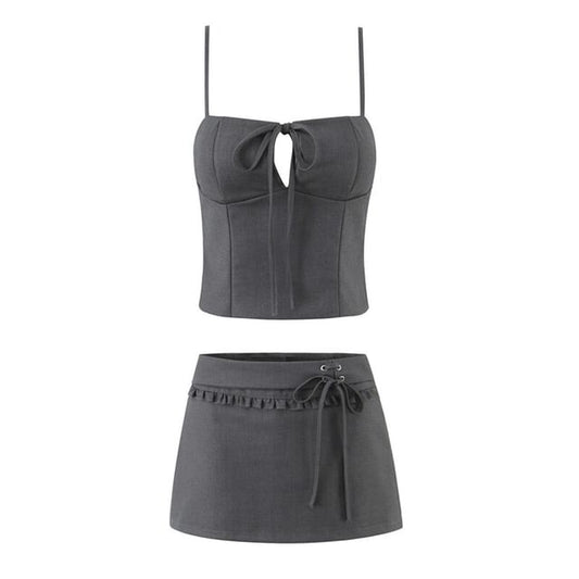 Keyhole Cutout Camisole and Ruffle Skirt Set