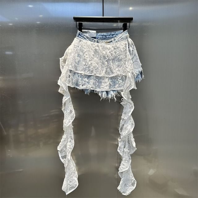 High Waist Skirt Overlay Distressed Panel Lace Denim Shorts