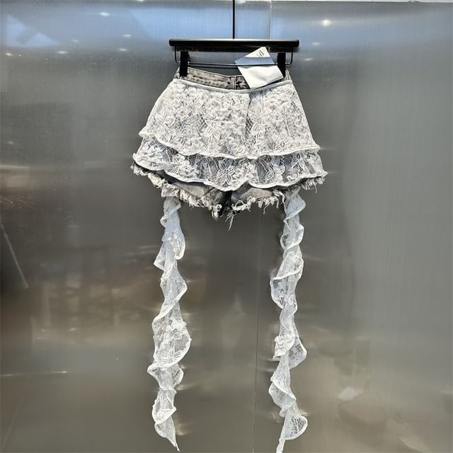High Waist Skirt Overlay Distressed Panel Lace Denim Shorts