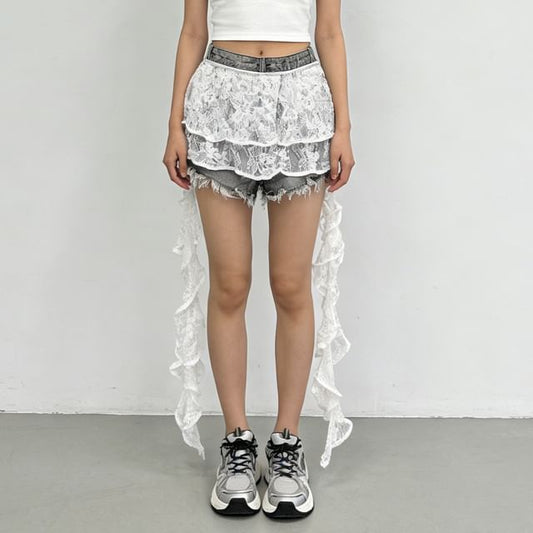 High Waist Skirt Overlay Distressed Panel Lace Denim Shorts