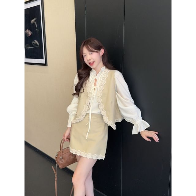 Ruffle Blouse and Lace Vest with Mini A-Line Skirt Set