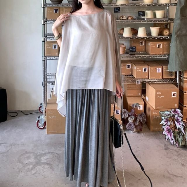 Boat Neck Off-Shoulder Top and Pleated Maxi Skirt Set