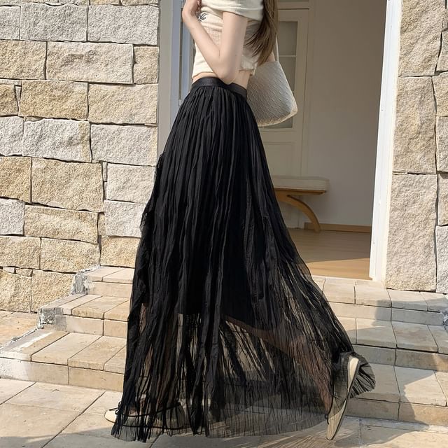Black Pleated Maxi Skirt with Elastic Waist