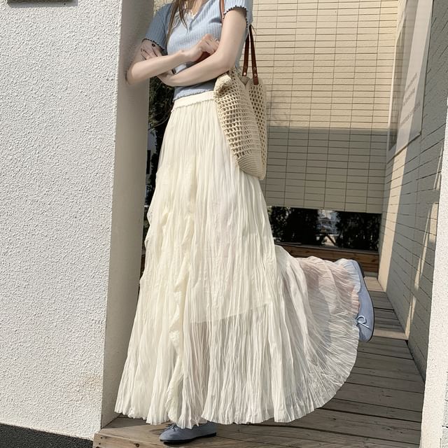 Black Pleated Maxi Skirt with Elastic Waist