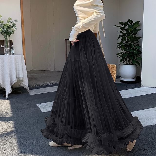 Sheer Ruffle Trim Maxi A-Line Skirt with Elastic Waist