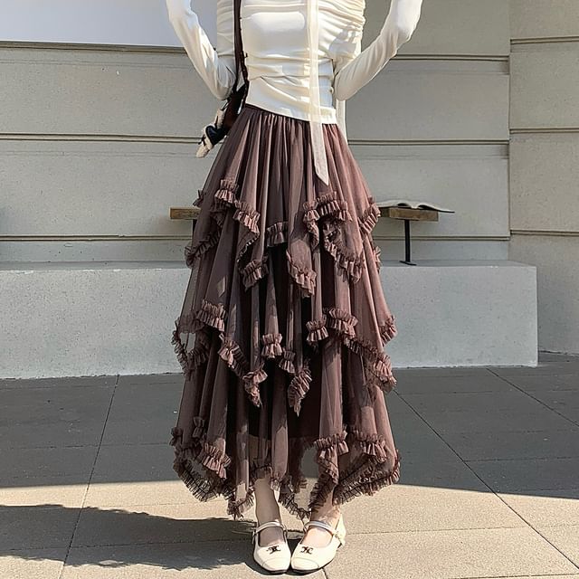 Tiered Maxi A-Line Skirt with Elastic Waist