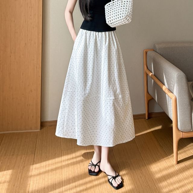 Elastic Waist Dotted Maxi A-Line Skirt