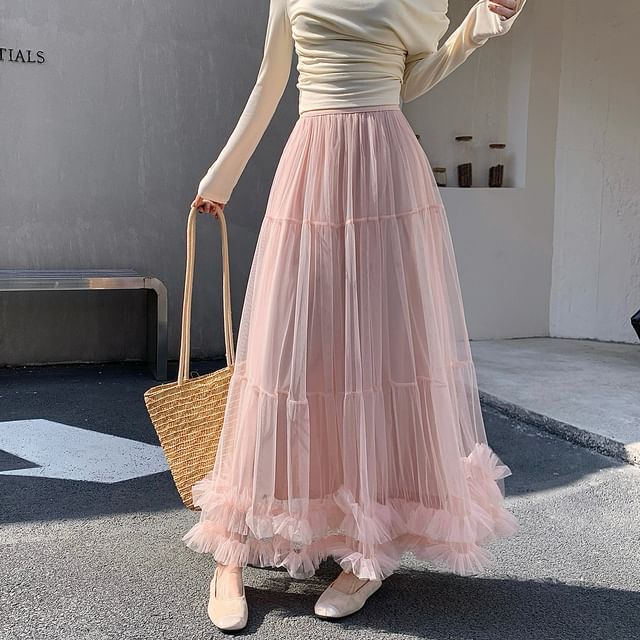 Sheer Ruffle Trim Maxi A-Line Skirt with Elastic Waist