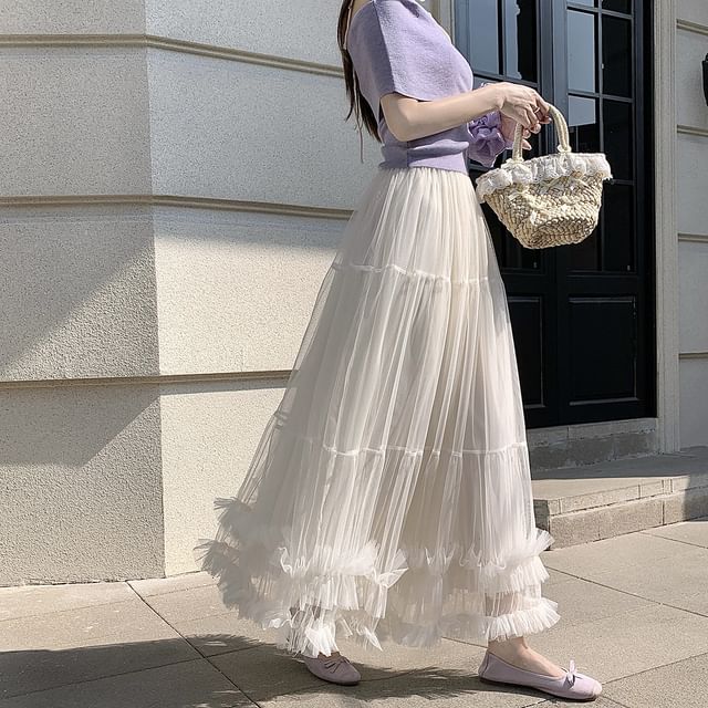 Sheer Ruffle Trim Maxi A-Line Skirt with Elastic Waist