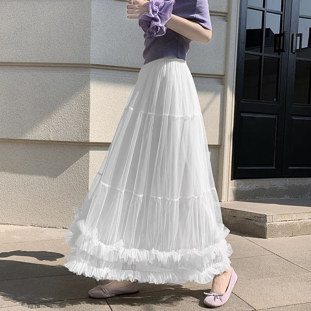 Sheer Ruffle Trim Maxi A-Line Skirt with Elastic Waist