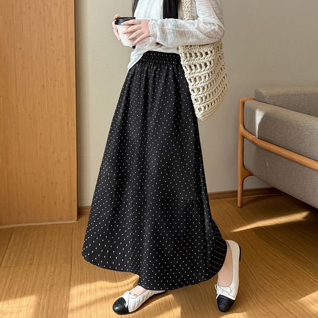 Elastic Waist Dotted Maxi A-Line Skirt