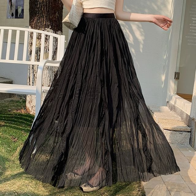 Black Pleated Maxi Skirt with Elastic Waist