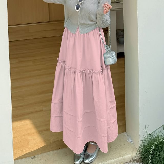 Plus Size Elastic Waist Frill Panel Maxi A-Line Skirt