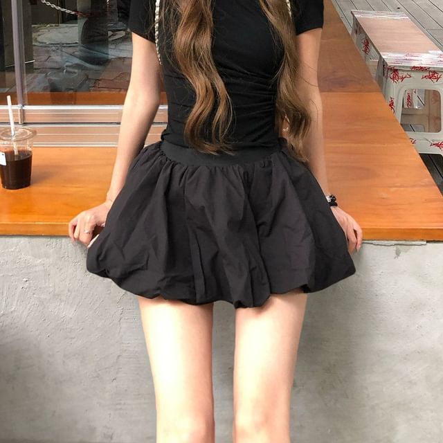 Ruched T-Shirt and Plaid Bubble Mini Skirt Set