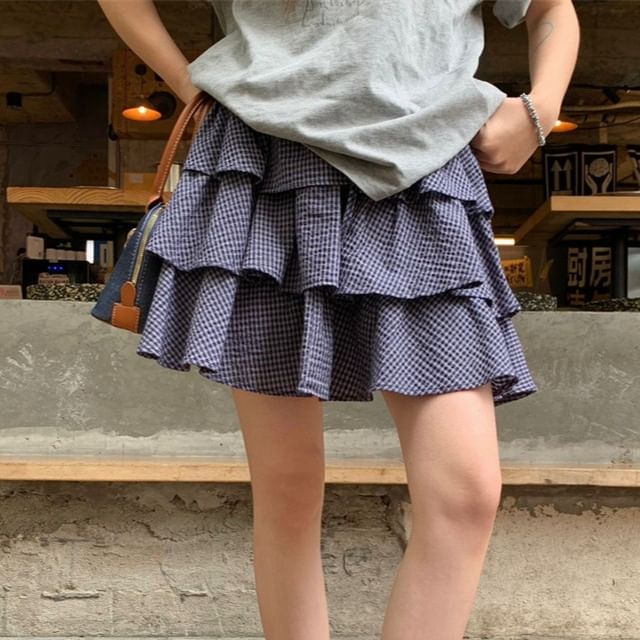 Mid Rise Plaid Mini Tiered Skirt