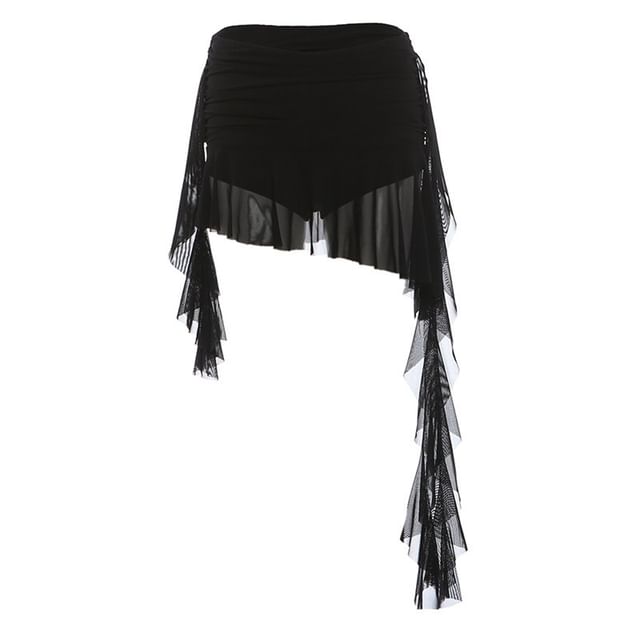 Two-Tone Mesh Camisole and Ruched Shrug Set with Skirt
