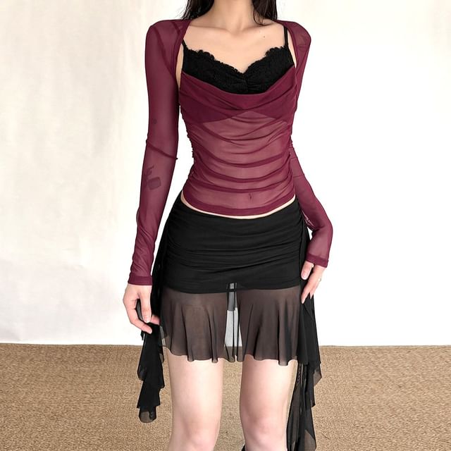 Two-Tone Mesh Camisole and Ruched Shrug Set with Skirt