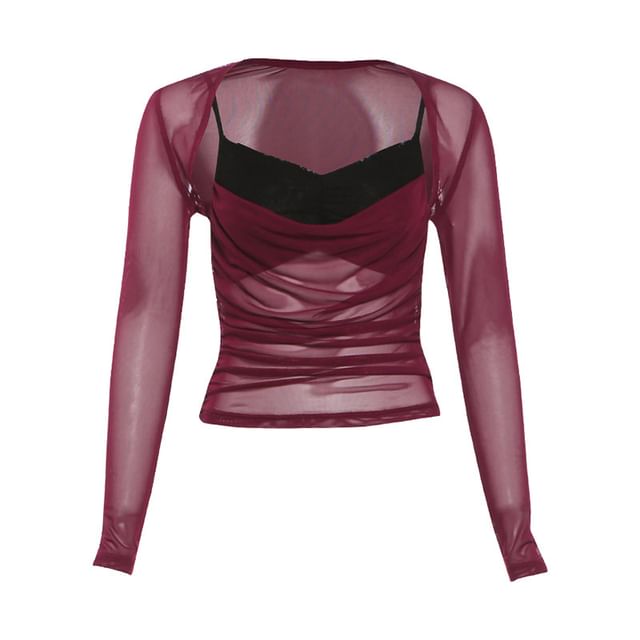 Two-Tone Mesh Camisole and Ruched Shrug Set with Skirt