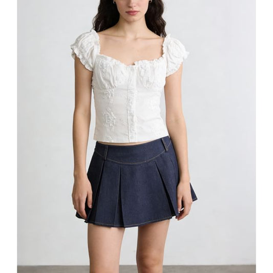 Low Waist Washed Mini Pleated Denim Skirt