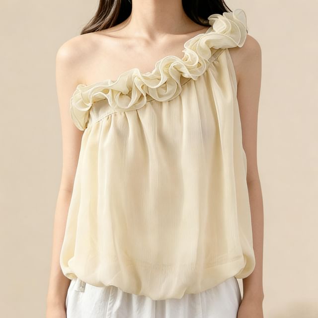 One-Shoulder Ruffle Hem Sleeveless Blouse