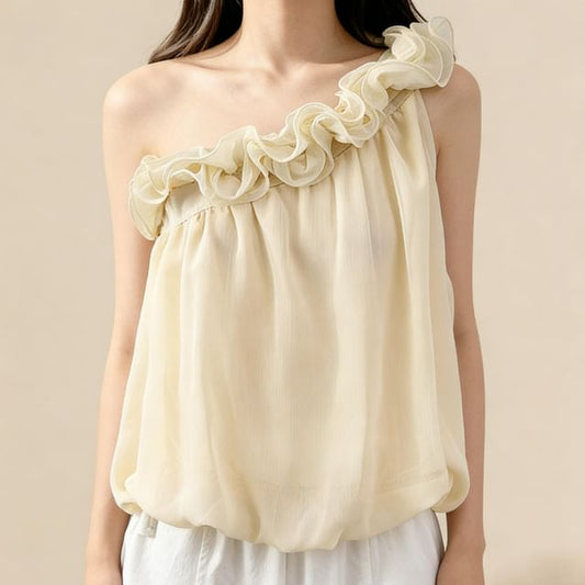 One-Shoulder Ruffle Hem Sleeveless Blouse
