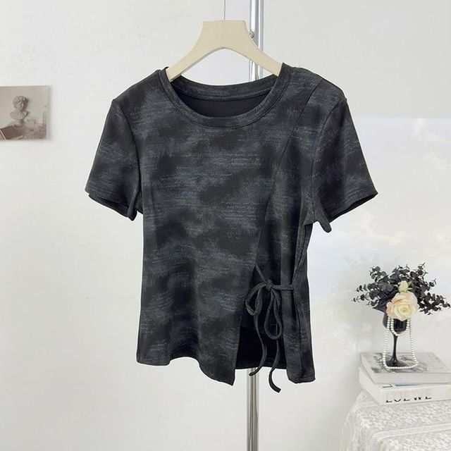 Tie Waist Tie-Dye Round Neck Tee - Short Sleeve