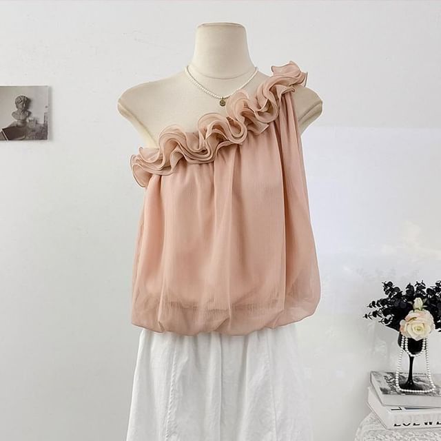 One-Shoulder Ruffle Hem Sleeveless Blouse
